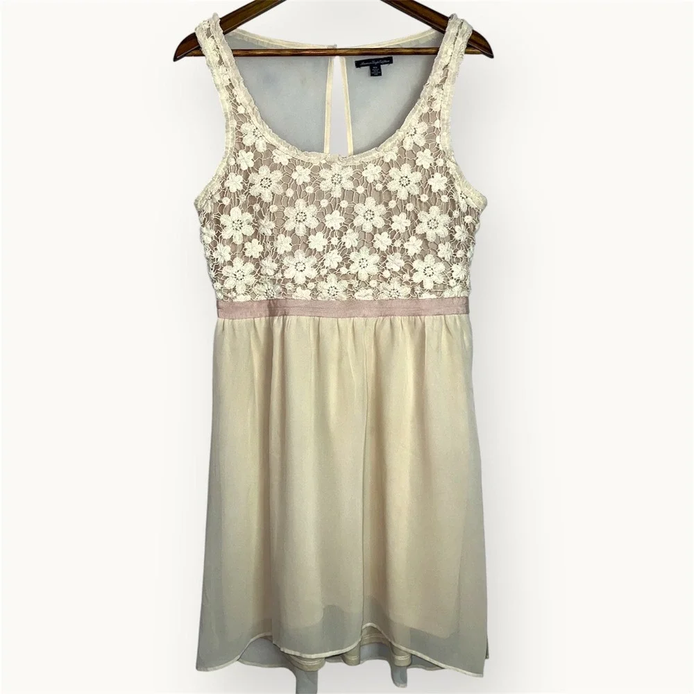American Eagle Lace Chiffon Babydoll Dress Cream Boho Cottagecore Mini‎ Size M